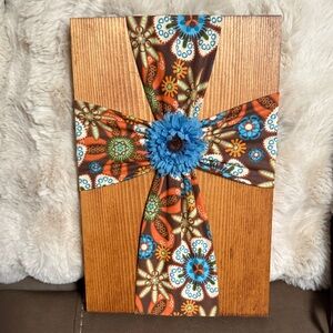 Rustic Floral Cross Wall Art with Blue and Orange Accents…Handmade